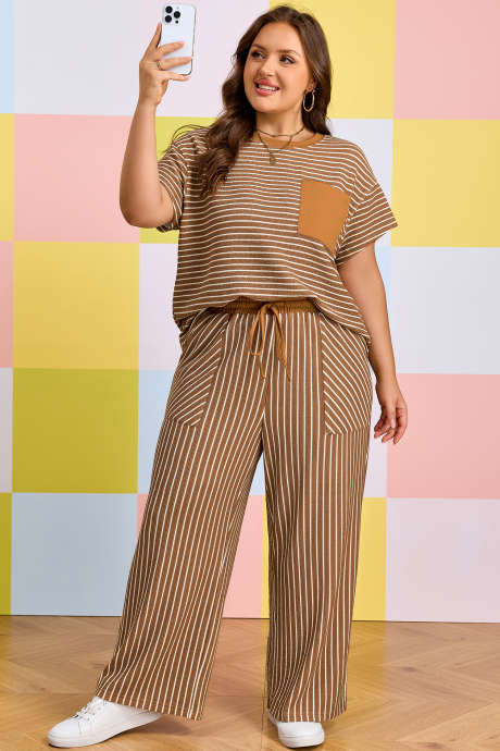 Khaki Stripe Plus Size Striped Colorblock Pocket Lounge Set PL628508-P1619