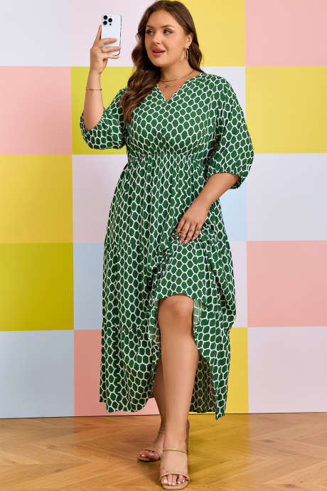 Rochie casual verde cu imprimeu geometric și buzunare, mărime plus, model floral