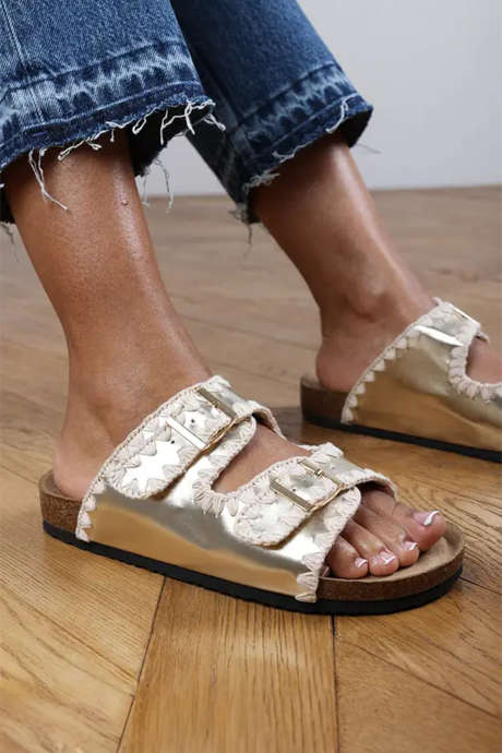 Gold PU Leather Contrast Stitch Flat Sliders BH024381-P12