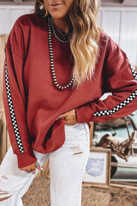 Mineral Red Plaid Striped Long Sleeve Round Neck Ribbed Cuff Casual Sweatshirt