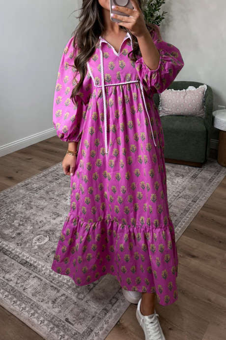 Pink Floral Print Long Dress Casual Shift Silhouette Beach Vacation Outdoor Daily Wear