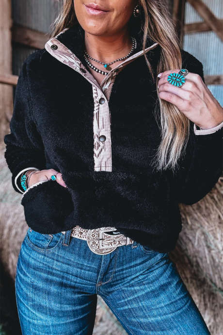 Black Western Patchwork Faux Fur Pullover Sweatshirt Regular Fit Long Sleeve Collar Button Detail
