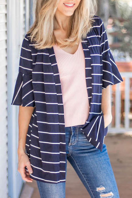 Blue Stripe Striped Ruffle Sleeve Tunic Cardigan Casual Daily Wear Open Front