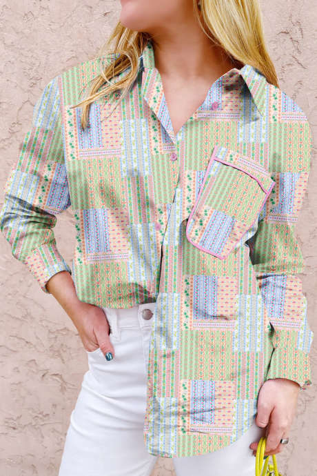 Multicolour Floral Print Tunic Shirt Long Sleeve Casual Daily Wear