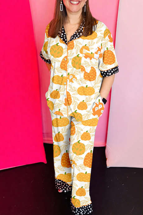 Orangefarbener, blattförmiger Kürbis-Kontrast-Polka-Dot-Halloween-2-teiliger Pyjama-Set