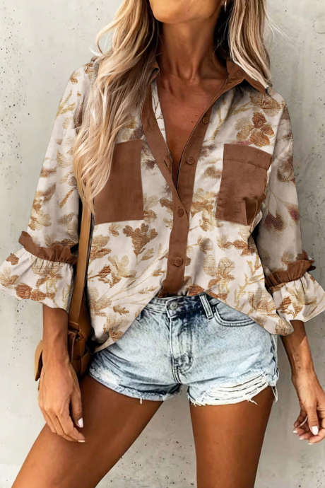 Brown Floral Print Shirt Collar Long Sleeve Casual Shift Top