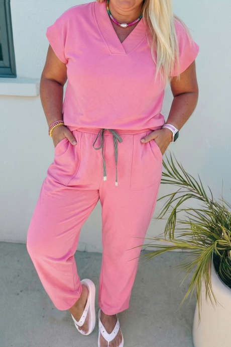 Conjunto de camiseta Bonbon con cuello en V liso y pantalón con cordón ajustable, talla grande PL628741-P3010