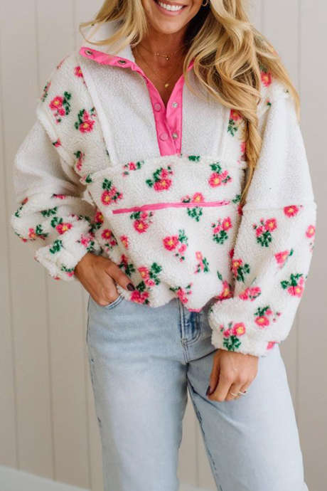 White Floral Fleece Pullover Sweatshirt with V-Neck Collar and Zip Pocket