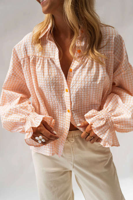 Orange Plaid Long Sleeve Casual Shirt with Ruffled Cuffs and Collar Detail
