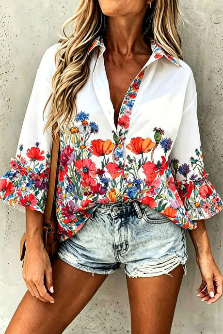 Red Floral Print Ruffle Sleeve Shirt Collar Casual Top