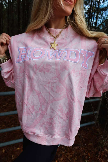 Pink Pink Camo Howdy Print Crewneck Sweatshirt Casual Loose Fit Long Sleeve Pullover