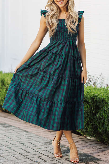 Green Sleeveless Square Neck Plaid Midi Dress with Ruffles and Shirred Bodice
