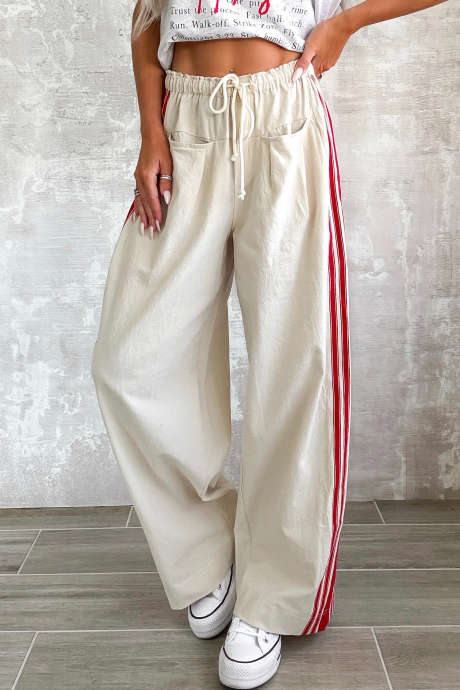 Beige Relaxed Fit Drawstring Waist Red Stripe Full Length Casual Pants