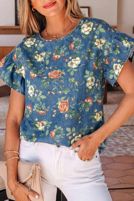 Ashleigh Blå Rysjetopp Med Kortermet Blomsterprint I Denim LC7821652-P604
