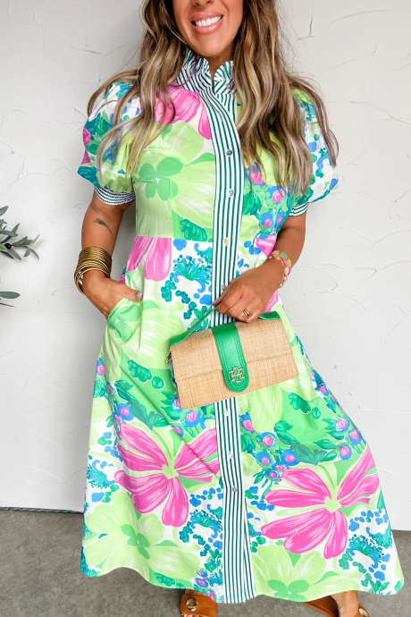 Vestido de vacaciones de manga corta con botones, estampado floral de rayas verdes y ribete a rayas.
