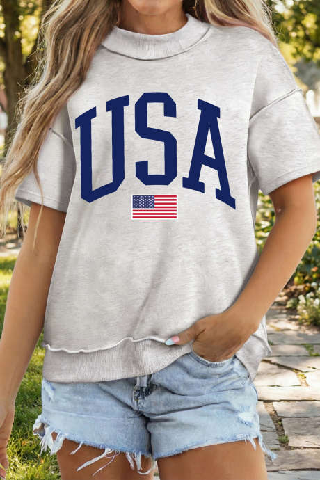 Light Grey USA Flag Exposed Seam Mock Neck Tee LC25232206-P1011