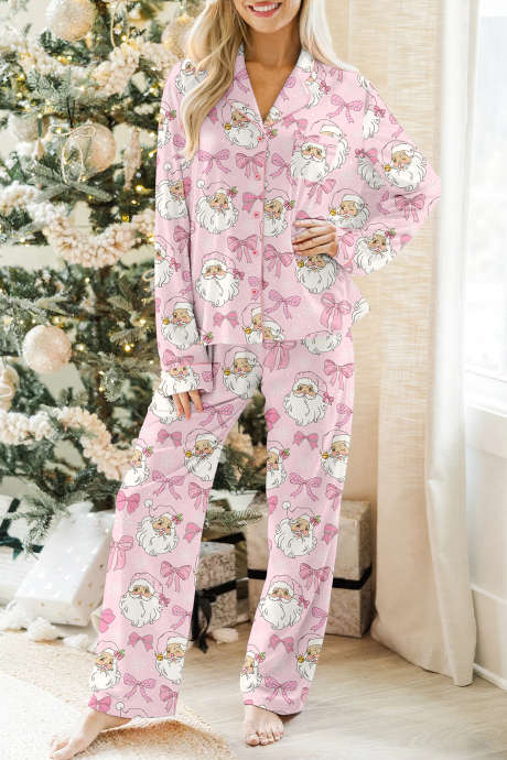 Conjunto de descanso de 2 piezas con estampado abstracto rosa de Papá Noel y manga larga.