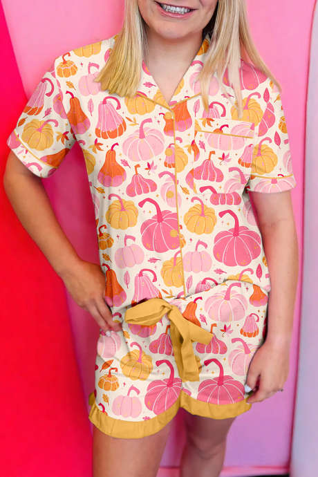 Ensemble pyjama à manches courtes rose à imprimé citrouille pour Halloween et Thanksgiving