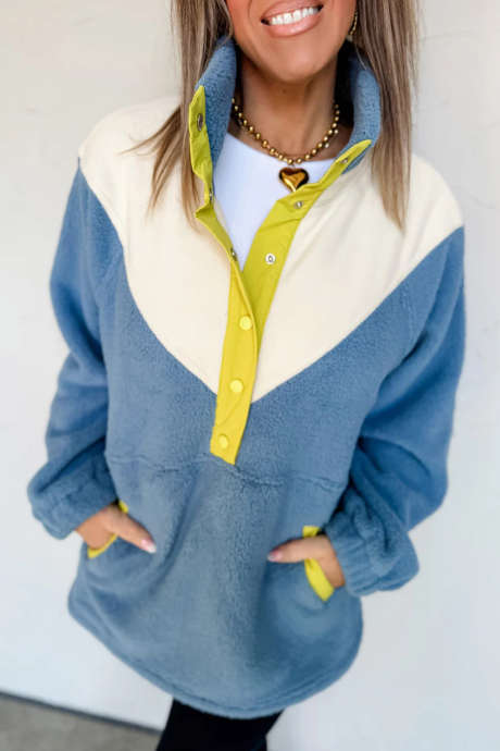 Dusk Blue Fuzzy Pullover Sweatshirt with Patchwork Design and Button Placket