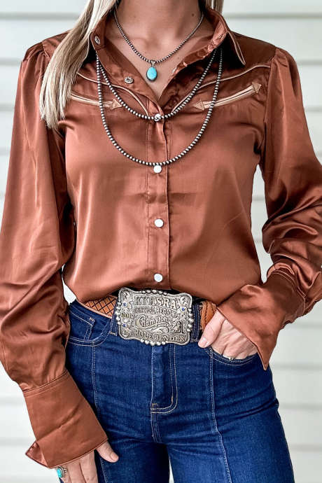 Πουκάμισο Western Fashion με μακριά μανίκια και κουμπιά μπροστά, σε στυλ κανέλας και μεταξωτό τελείωμα