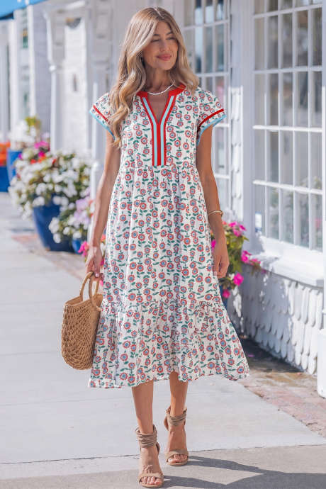 Rochie lungă roșie drăguță cu imprimeu floral și dungi, model patchwork, cu mâneci fluturate