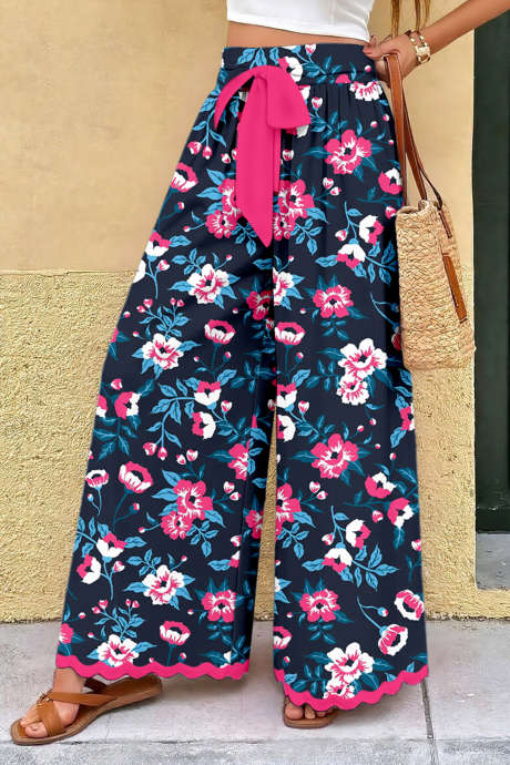 Rose Floral Print Wide Leg Pants with Pink Bow Tie Casual Full-Length Trousers for Daily Wear