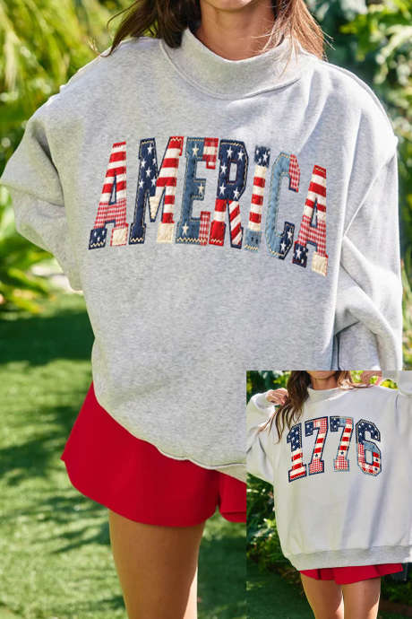 Ανοιχτό γκρι φούτερ AMERICA 1776 με ψεύτικο ντεκολτέ και σχέδιο Patchwork