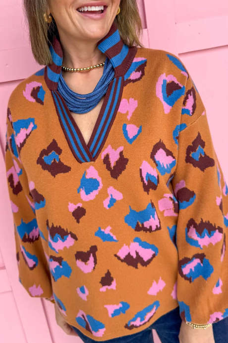Orange Colorblock Leopard V Neck Tunic Sweater Casual Long Sleeve Daily Wear Pullover