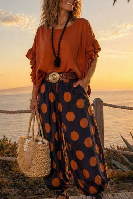 Orange Loose Polka Dot Harem Pants Ankle Length Casual Vacation Wear