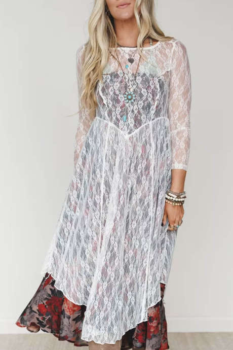 White Western Lace Shift Dress Long Sleeve Floral Print Daily Wear