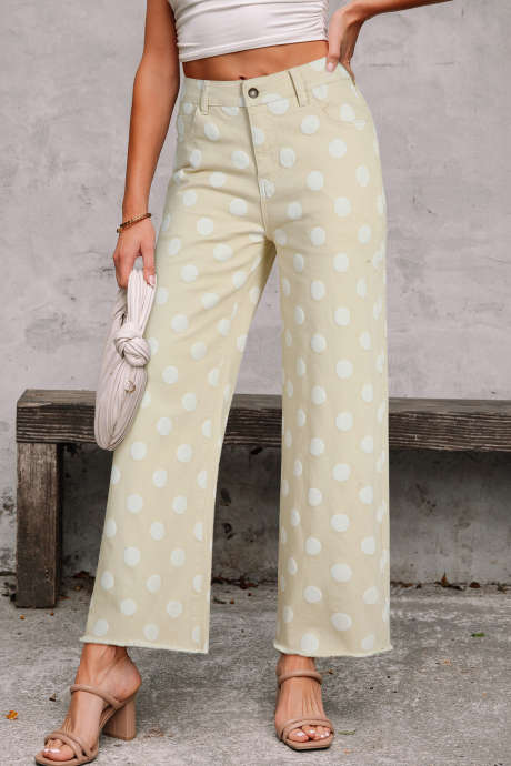 Khaki Polka Dot Print Raw Hem Shift Jeans