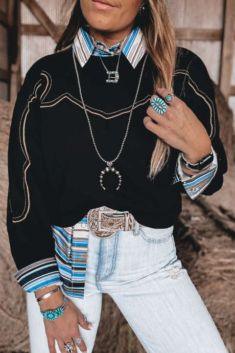Schwarzes Western-Sweatshirt mit Stickerei, langärmelig, locker geschnitten, Rundhalsausschnitt, Pullover-Top