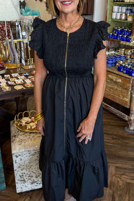 Black Smocked Zip Front Dress Cut Out Short Sleeve Midi Casual Dress