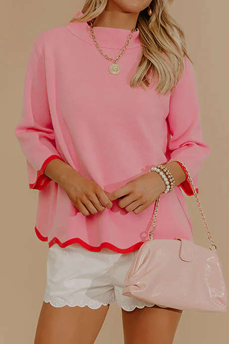 Gossamer Pink Casual Stand Neck Shift Sweater Regular Length Bracelet Sleeve Pullover Knitwear