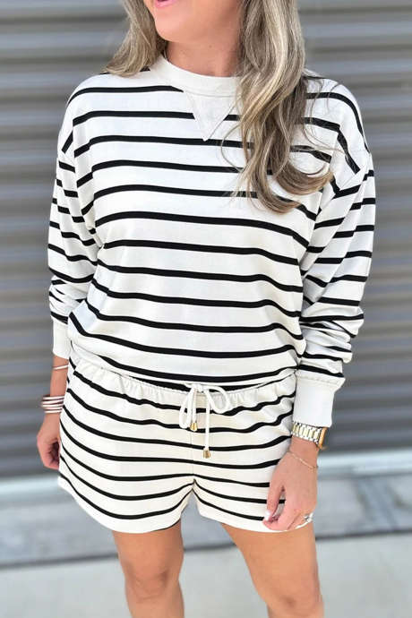 White Stripe Casual Striped Long Sleeve Shift Two Piece Pants Set