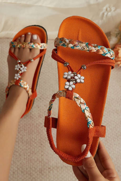 Orange Braided Floral Ankle Strap Open Toe Flat Beach Sandals BH023768-P14
