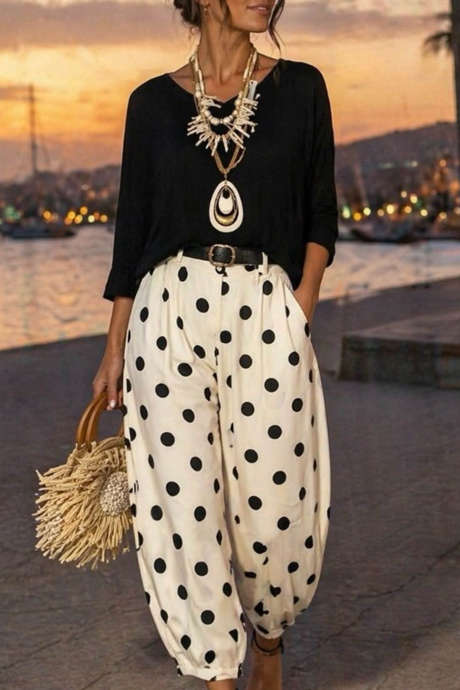 Black Polka Dot Harem Pants Ankle-Length Casual Beach Vacation Daily Wear