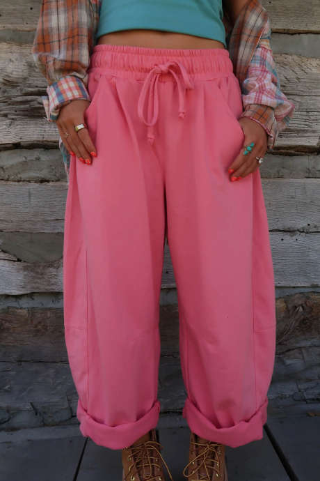 Sachet Pink Relaxed Fit Solid Color Full Length Pants with Elastic Waistband Casual Style