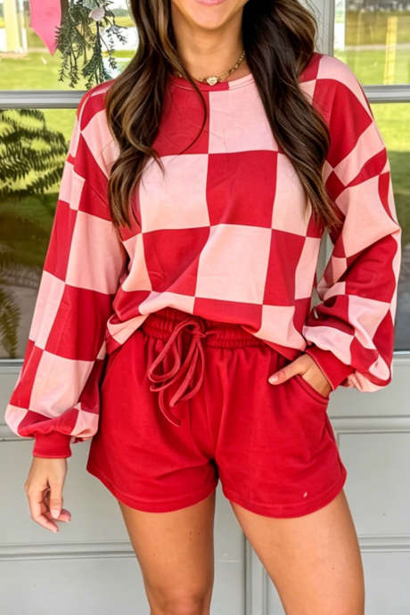 Red Casual Plaid Long Sleeve Two Piece Set Shift Silhouette Pantsuit