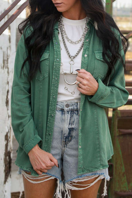 Mist Green Casual Long Sleeve Shirt Collar Regular Fit Denim Top