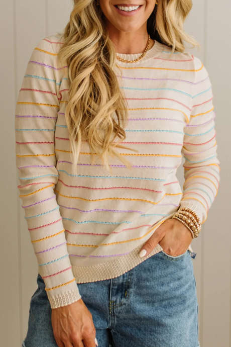 Beige Stripe Striped Long Sleeve Round Neck Sweater Regular Fit Daily Wear Knit Top