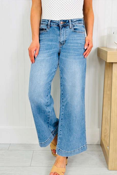 Dusk Blue Casual Wide Leg Ankle-length Jeans with Decorative Stitching Detail