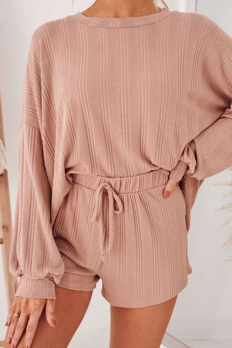 Oatmeal Ribbed Knit Long Sleeve Top Shorts Set Casual Two Piece Loungewear