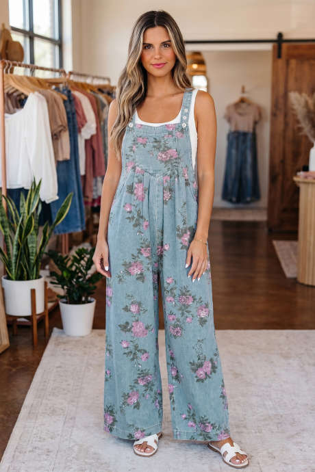 Salopetă din denim cu imprimeu floral, talie înaltă și croială largă, Beau Blue