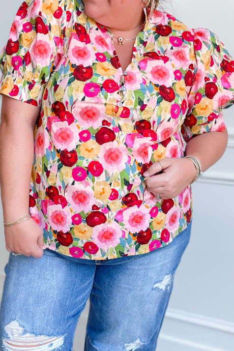 Pink Plus Size Flower Print Split V Neck Puff Short Sleeve Top PL2515122-P1020
