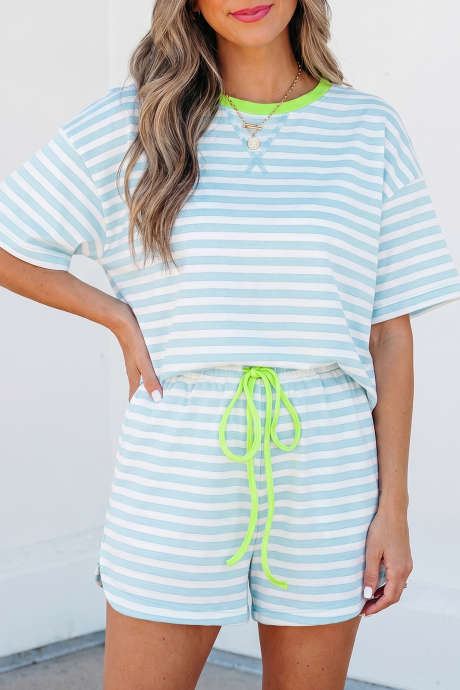 Sky Blue Stripe Contrast Neck Loose Tee and Drawstring Shorts Set