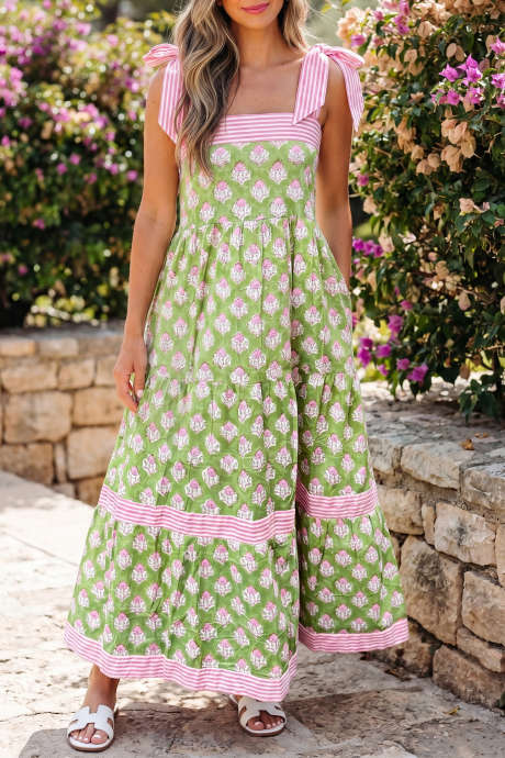 Berdeng Floral Print na may Guhit na Detalye ng Knot Straps Maxi Dress LC6128753-P920