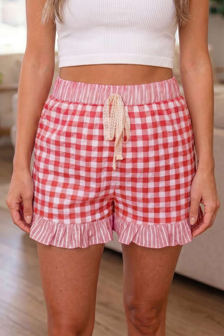 Pantaloni scurți roșii cu imprimeu caryanel și dungi, cu volane și noduri din dantelă
