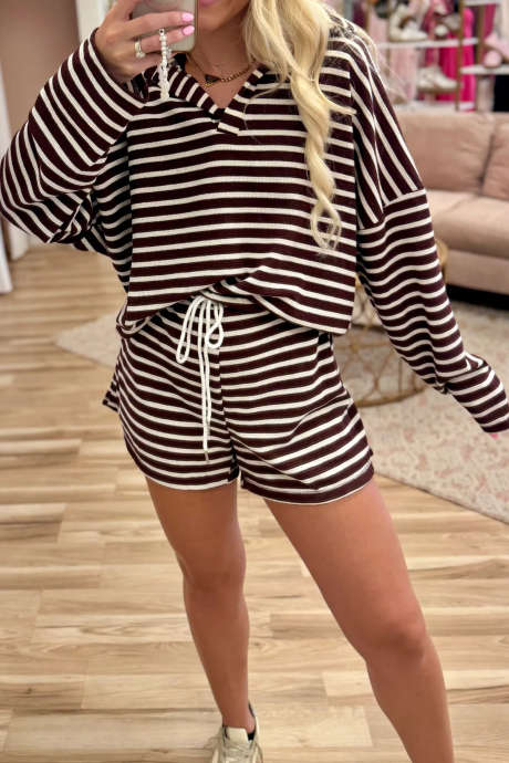 Brown Stripe Striped Long Sleeve Two Piece Casual Pants Set
