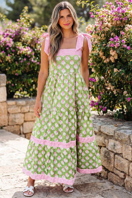 Rochie maxi verde cu imprimeu floral și dungi, cu bretele nodate